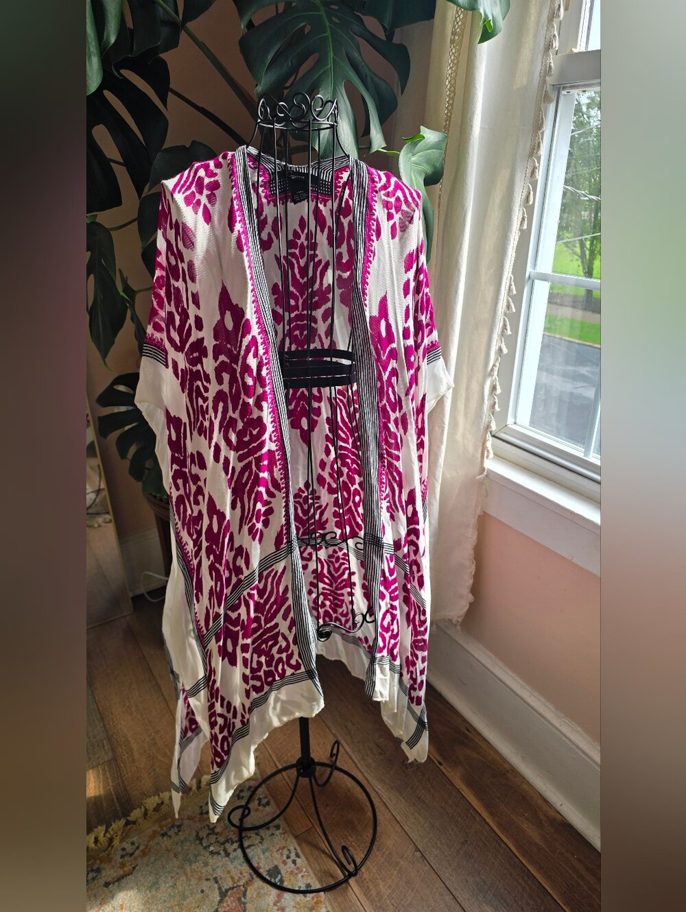 ✨ Cejon Boho Magenta Pink & Ivory Ikat Damask Kimono Duster Wrap | OSFM ✨